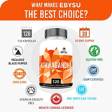 EBYSU Ashwagandha - 120 Capsules Max Strength Supplement Supports Stress Relief & Anti Anxiety Control Root Powder Pills